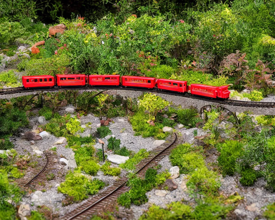 Prompt: close-up, hi-res photo of miniature model train crossing a trestle over a garden creek.