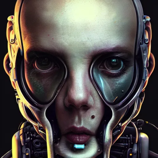 Image similar to detailed character concept art portrait of a detailed and hi - tech diesel punk robot ’ s face, depth of field background, artstation, award - winning realistic sci - fi concept art by greg rutkowski and yoshitaka amano, in the style of james gurney, flat pop color surrealist illustration.