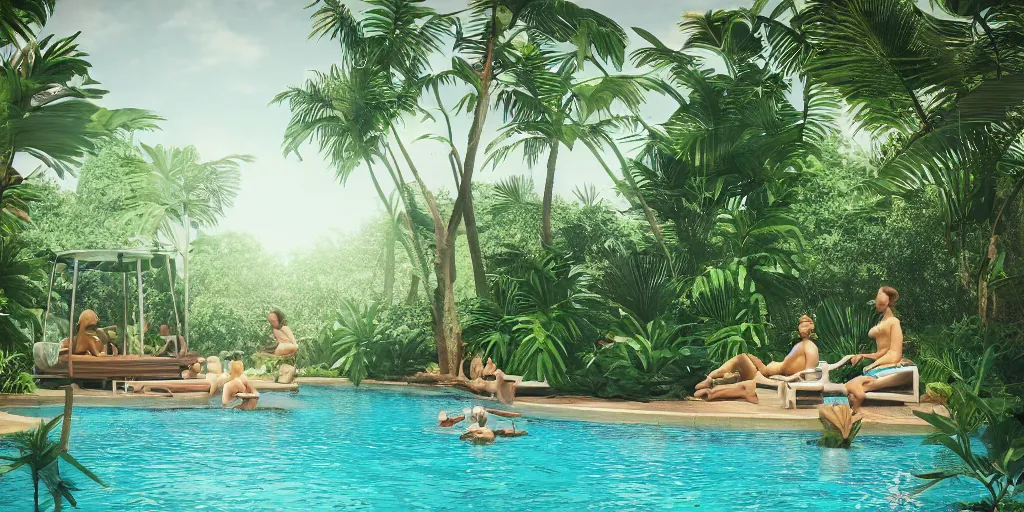 Prompt: swimming pool in the middle of the jungle a cat and a dog playing around , beach chair , octane render