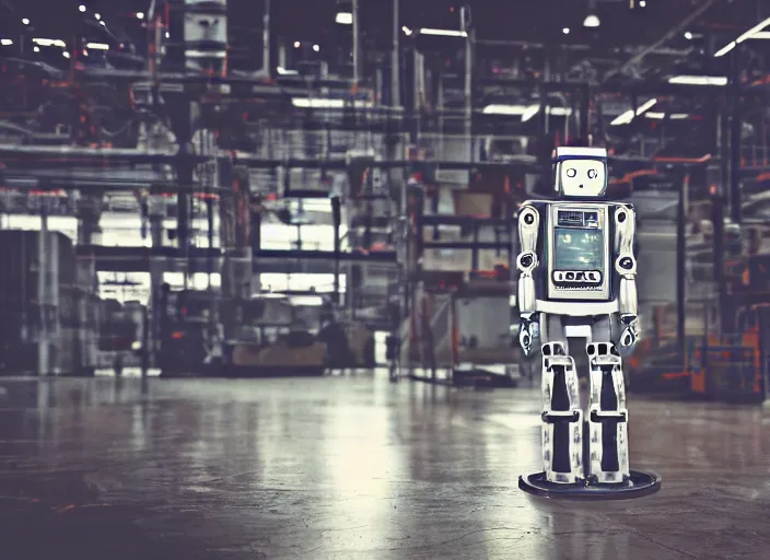 Prompt: a 3 5 mm photo of a robot in a factory, bokeh, canon 5 0 mm, cinematic lighting, film, photography, golden hour, depth of field, award - winning