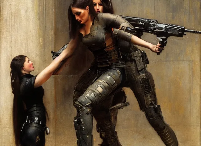 Image similar to sophia evades sgt Griggs. Cyberpunk hitwoman wearing jumpsuit escaping police troopers (blade runner 2049). Gorgeous face. Iranian orientalist portrait by john william waterhouse and Edwin Longsden Long and Theodore Ralli and Nasreddine Dinet, oil on canvas. Cinematic, hyper realism, realistic proportions, dramatic lighting, high detail 4k