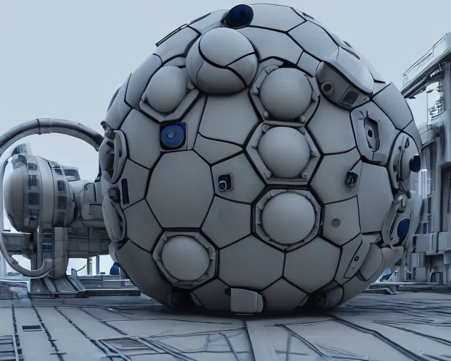 Prompt: 3 d sculpt of minimalist scifi rectangular industrial building facade covered with many spheres and massive pipes in the shape of a digital movie camera, maschinen krieger, starcraft, halo, star wars, ilm, star citizen halo, mass effect, starship troopers, elysium, the expanse, high tech industrial, artstation unreal