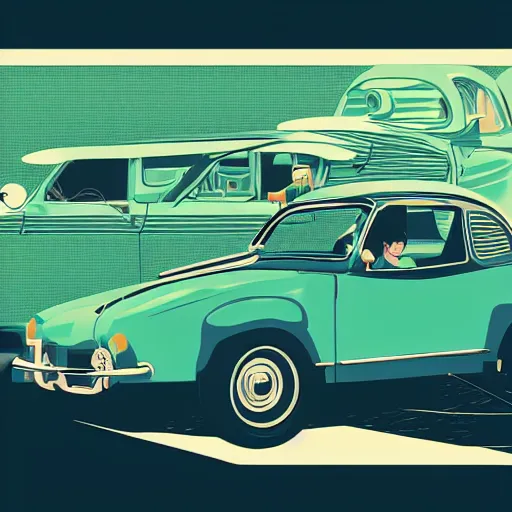 Prompt: people looking at a car, intricate, elegant, highly detailed, vector illustration, artstation, concept art, smooth, sharp focus, illustration, art by wlop, tom whalen, sea green color theme