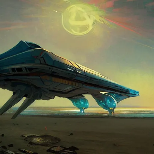 Prompt: Sci-fi spaceship parked on an empty beach, at dusk, art by Greg Rutkowski and Alphonse Mucha. colorful, highly detailed, trending on Artstation, 4k, epic, cinematic lightning