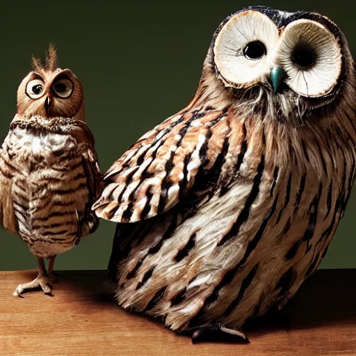 Prompt: a raisin - sized owl and an owl - sized raisin