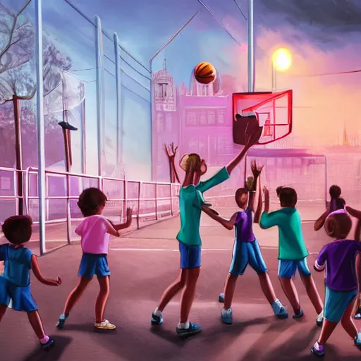 Prompt: tall woman wearing a blue jacket and pink shorts playing basketball against a group of kindergarteners, complete detailed body, city in background, moody atmosphere, digital art, highly detailed, high contrast, beautiful lighting, award winning, trending on art station, photorealistic, 8 k,