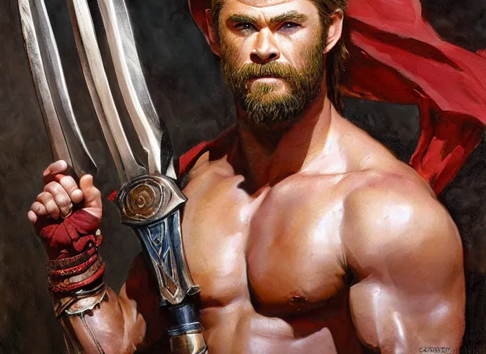 Image similar to a highly detailed beautiful portrait of chris hemsworth as kratos, by gregory manchess, james gurney, james jean