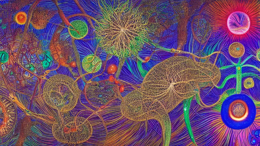 Image similar to quantum connections represented as symbiotic organisms like cells playing around with colorful lights by ernst haeckel, hyperrealistic