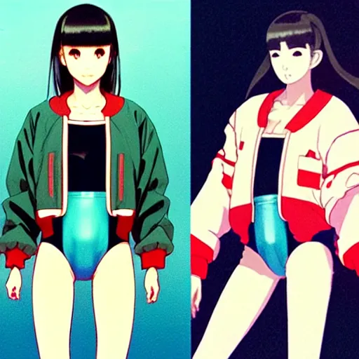 Image similar to a beautiful japanese natalie portman gravure model, wearing oversized native designer bomber jacket and leotard with overalls, bulky poofy bomber jacket with mesoamerican patterns, mesoamerican native street fashion, gapmoe yandere grimdark, trending on pixiv fanbox, painted by greg rutkowski makoto shinkai takashi takeuchi studio ghibli, akihiko yoshida