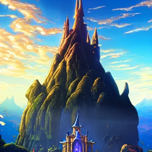 Image similar to An imposing and highly ornamented fantasy castle, Carved from Sapphire stone, Atmosphere, Dramatic lighting, Beautiful Landscape, Epic composition, Wide angle, by Miyazaki, Nausicaa Ghibli, Breath of The Wild