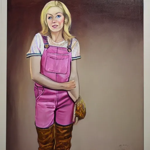 Prompt: a blonde woman in pink overalls and brown boots, oil painting, gucci poster