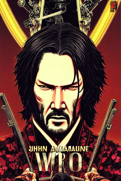 Image similar to poster of john wick as a samurai, by yoichi hatakenaka, masamune shirow, josan gonzales and dan mumford, ayami kojima, takato yamamoto, barclay shaw, karol bak, yukito kishiro