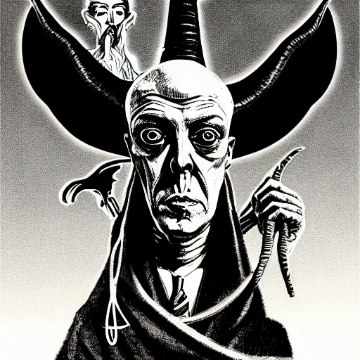 Image similar to graphic illustration, creative design, aleister crowley with baphomet, biopunk, francis bacon, highly detailed, hunter s thompson, concept art