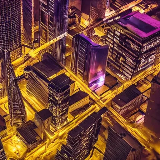 Image similar to aerial shot of the impressive dystopian cyberpunk city at night during amazing storm