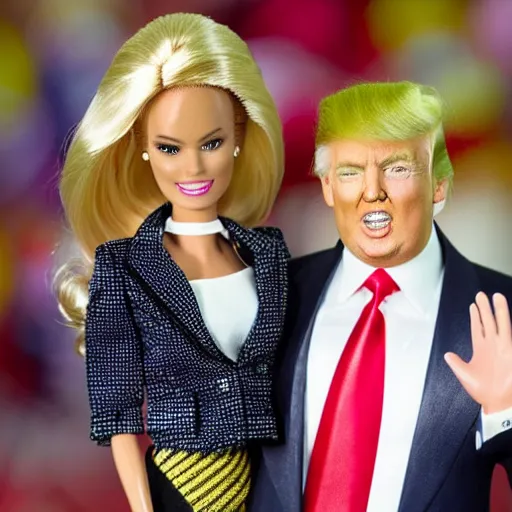 Prompt: photograph of Donald Trump dressed up as barbie