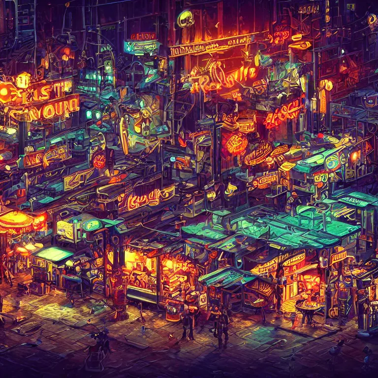 Image similar to fantastic lighting, pixel art, high detail, dieselpunk market, neon lights, 2 d