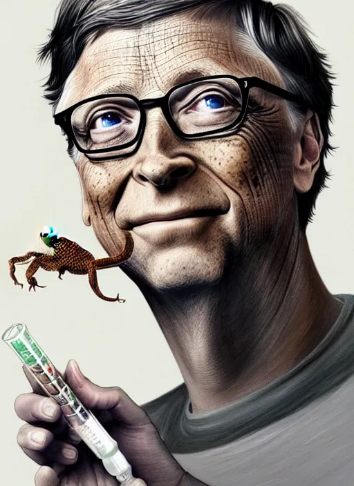 Image similar to bill gates as a lizard reptile!!!, holding a syringe, portrait, intricate, elegant, highly detailed, digital painting, artstation, concept art, wallpaper, smooth, sharp focus, illustration, art by h. r. giger and artgerm and greg rutkowski and alphonse mucha