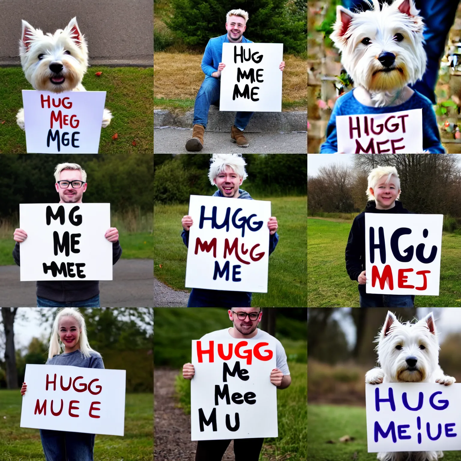 Prompt: a westie holding a sign that says hug me