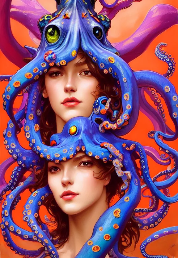 Image similar to close up of a beautiful woman wearing a colourful octopus as a hat, fantasy, intricate, elegant, highly detailed, digital painting, artstation, concept art, smooth, 8 k, sharp focus, illustration, art by artgerm and greg rutkowski and alphonse mucha