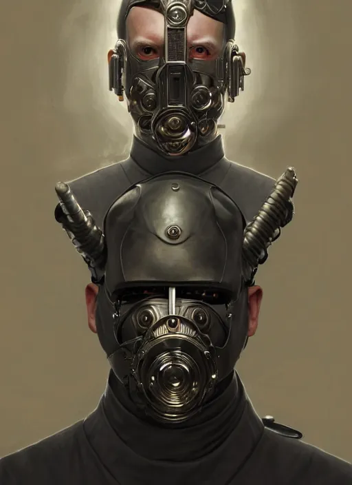 Image similar to portrait of supreme leader with cybernetic mask, bald, royalty, extravagant, lord, full body, military uniform, fantasy, intricate, elegant, beautiful, highly detailed, charcoal, centered, dark, smokey, digital painting, artstation, concept art, art by artgerm and greg rutkowski and alphonse mucha