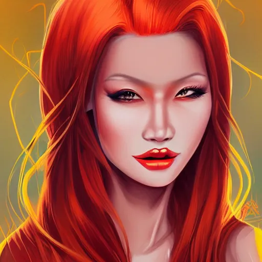Prompt: illustrated portrait of orange-skinned devil woman by rossdraws