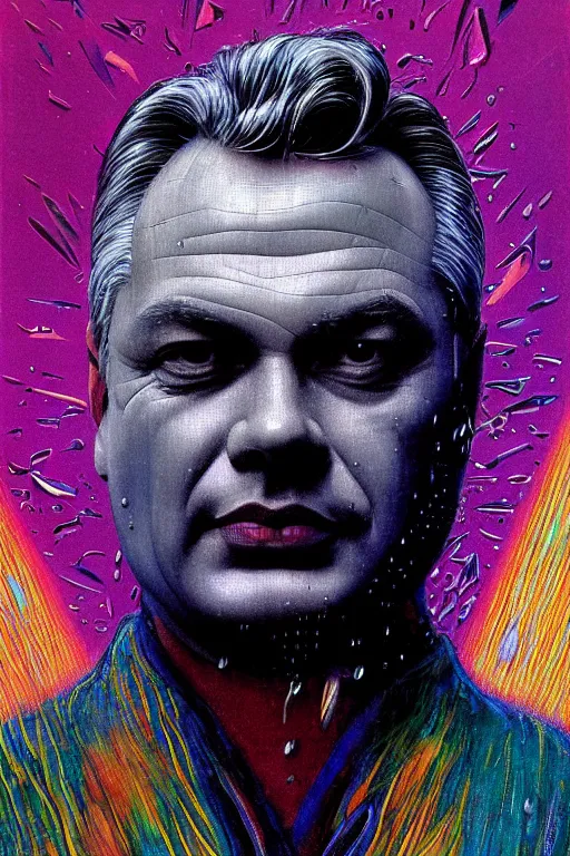 Image similar to 8 0 s art deco close up portait of viktor orban, rain like a dream oil painting curvalinear clothing cinematic dramatic cyberpunk textural fluid lines otherworldly vaporwave interesting details fantasy lut epic composition by basquiat zdzisław beksinski james jean artgerm rutkowski moebius francis bacon gustav klimt