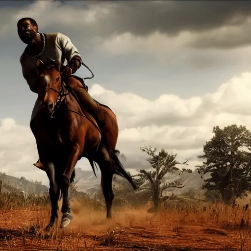 Image similar to kanye west as a horse in red dead redemption, splash art, movie still, detailed face, photorealistic facial features, cinematic lighting, dramatic, octane render, long lens, shallow depth of field, bokeh, anamorphic lens flare, 8 k, hyper detailed, 3 5 mm film grain