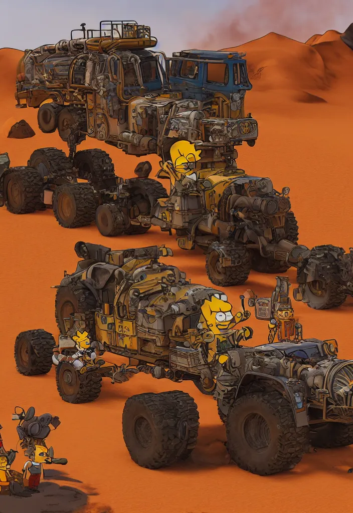 Image similar to Lisa Simpson portrait next to Fury Road War Rig vehicle with desert background, borderlands 4k render