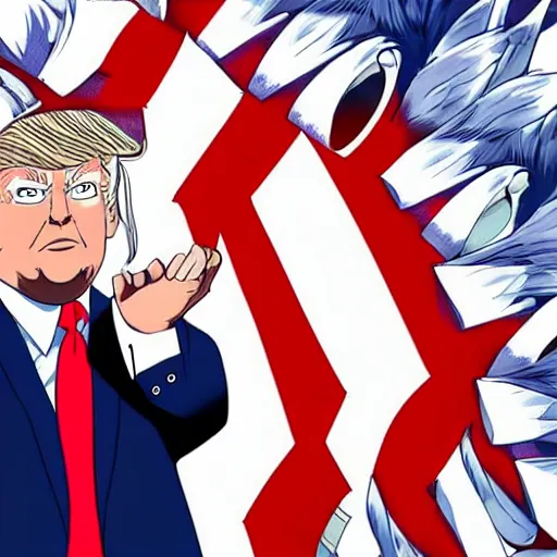 Prompt: donald trump starting in my hero academia ( high detailed, greatly illustrated, good quality, uhd, great render image, 4 k )