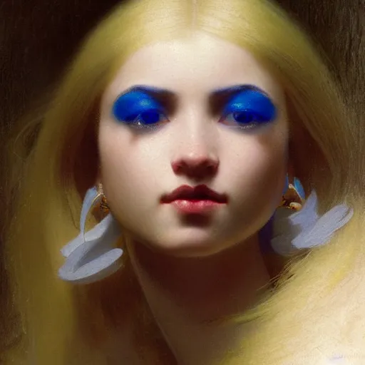 Image similar to a young woman's face, her hair is white and she wears a cobalt blue satin cloak, by ivan aivazovsky and syd mead and moebius and gaston bussiere and roger dean and pieter claesz and paul delaroche and alma tadema and willem claesz heda, hyperrealistic, volumetric light, octane render