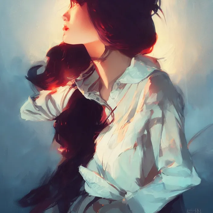 Image similar to akase akari, fine details, night setting, realistic shaded lighting poster by ilya kuvshinov, katsuhiro, artgerm, jeremy lipkin, michael garmash, nixeu, unreal engine 5, radiant light, detailed and intricate environment