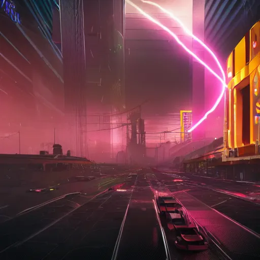 Image similar to space city, neon lightning, movie still, cinematic lightning, octane render, splash art, dystopian