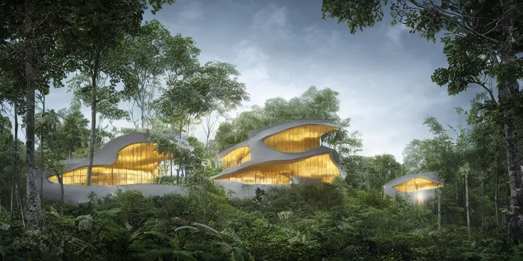 Prompt: 3d rendering of beautiful nature meets architecture concept of a residential house by Bjarke Ingels Group, in a tropical forest, volumetric lighting,, luxury, high detail, 14mm, cinematic photography, cg architects, high resolution