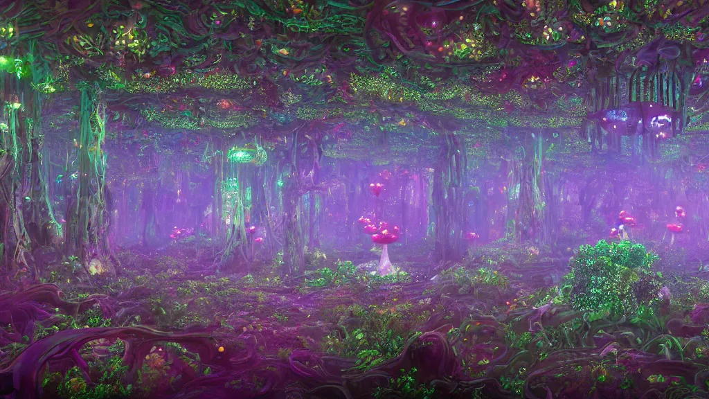 Image similar to 8k, acid trip, hall of mirrors, ultra detailed, a hyperrealistic image of a mycelium forest with neon glowing mushrooms, with magical creatures, by studio ghibli, trending on patreon, artstation, deviantart. Unreal engine