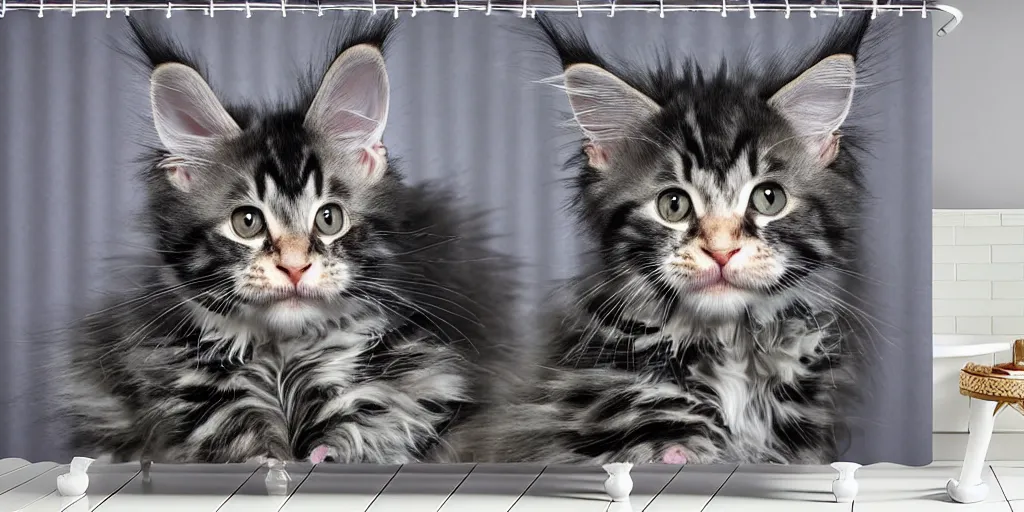 Image similar to a maine coon kitten artwork themed shower curtain, shower curtain. digital art. product photography. product lighting. 4 k, highly detailed. saturated. toy story ( film ).