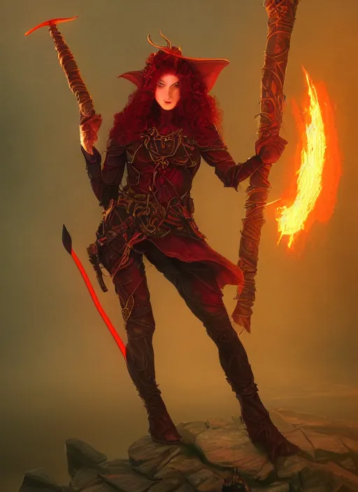 Image similar to photography of beautiful elf witch red hair, holding a magic staff, d & d fantasy character, detailed matte painting, studio lighting, octane render, larry elmore michael whelan artstation