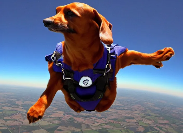 Prompt: brown dauchshund skydiving in a jumpsuit