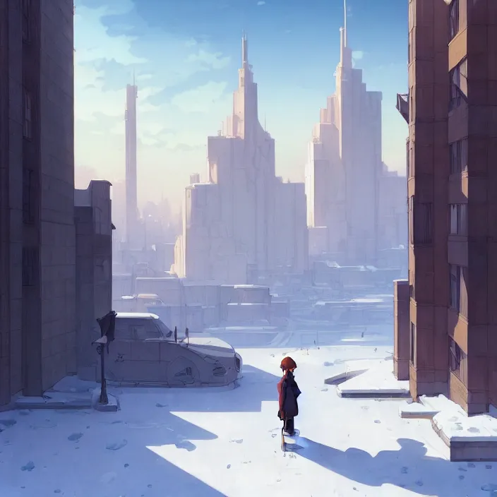 Image similar to empty huge city, winter, in the style of studio ghibli, j. c. leyendecker, greg rutkowski, artem