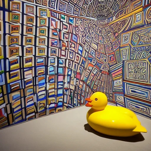 Image similar to wide shot, one photorealistic rubber duck in foreground on a pedestal in an cavernous museum gallery, metropolitan museum of art, the walls are covered with colorful geometric wall paintings in the style of sol lewitt, tall arched stone doorways, through the doorways are more wall paintings in the style of sol lewitt.