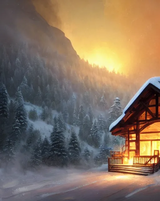 Image similar to mountain chalet covered in fire, smoke, sunrise, snow, sharp details, sharp focus, elegant, highly detailed, illustration, by Jordan Grimmer and greg rutkowski and PiNe(パイネ) and 薯子Imoko and 香川悠作 and wlop and maya takamura, intricate, beautiful, Trending artstation, pixiv, digital Art