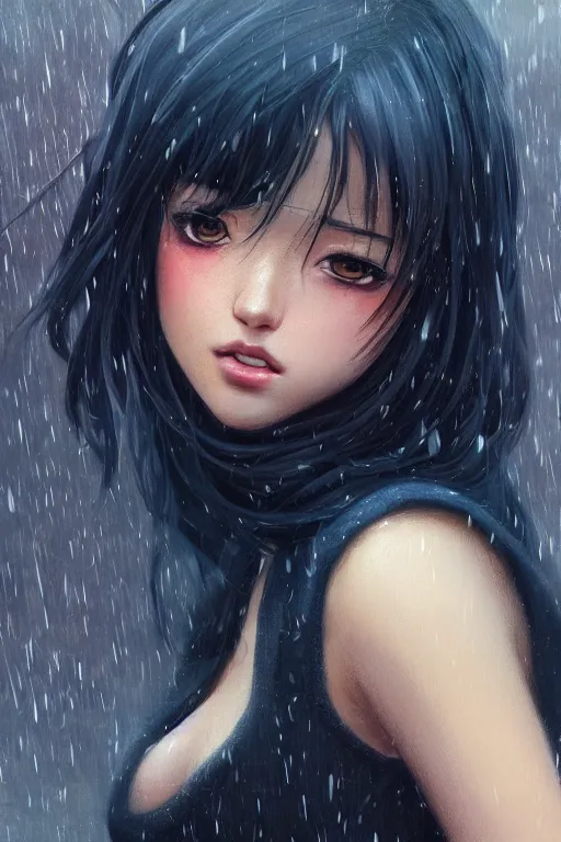 Prompt: a beautiful girl in the rain, full shot, fine - face, realistic shaded perfect body, fine details. night setting. very anime style. realistic shaded lighting poster by ilya kuvshinov katsuhiro, magali villeneuve, artgerm, jeremy lipkin and michael garmash, rob rey and kentaro miura style, trending on art station