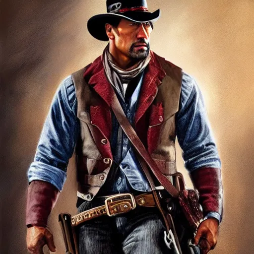 Prompt: dwayne johnson as a red dead redemption 2 character, concept portrait art by gianni strino, art by albert von keller, hyperrealism painting, winter season