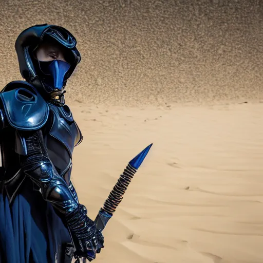 Image similar to low angle shot of austin Butler dressed in futuristic-baroque dark dark blue duelist-garb and nanocarbon-armor, standing in an arena in Dune 2020, XF IQ4, f/1.4, ISO 200, 1/160s, 8K, RAW, unedited, symmetrical balance, face in-frame