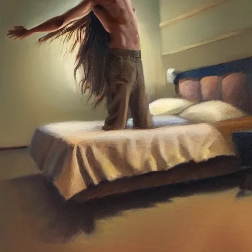 Image similar to oil painting of a slim man with long straight brown hair getting up from a bed with raised arms. evocative. artistic. volumetric lighting