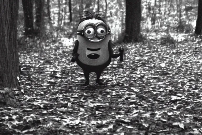 Image similar to a vhs still of a minion in blair - witch project ( 1 9 9 9 ), real life, chromatic abberation, low saturation, cinematic, detailed, move still, ultra realistic face, accurate, 8 k, hd