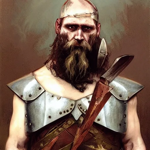 Image similar to rough-skinned, short-bearded undead Viking warrior with ice-pale skin wearing brutalist plate armor with art deco knotwork, by Greg Rutkowski, Brom, and Alphonse Mucha