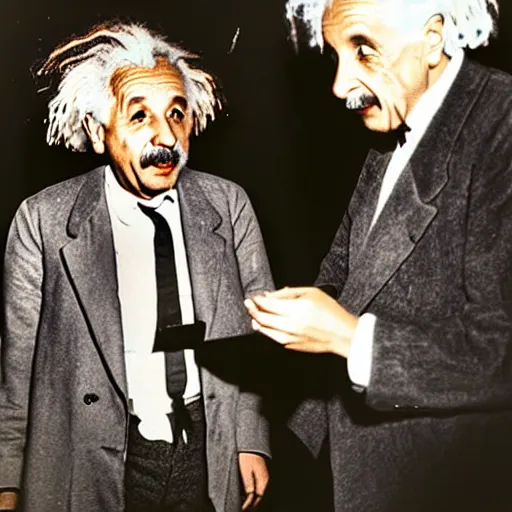 Image similar to color photograph of Albert Einstein DJ at a nightclub, in color, color photograph, colors