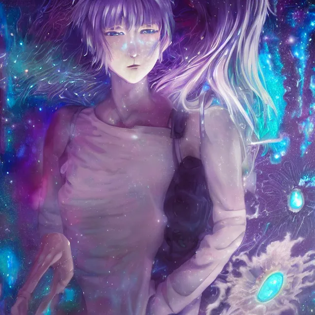 Image similar to rei ayanami, deep space, seascape, grimes, lain iwakura, silver hair, johfra bosschart, usagi, cut anime maid, cosmos, psychedelic flowers, black opal, rainbow aura quartz, organic, oni compound artwork, of character, render, artstation, portrait, wizard, beeple, art, fantasy, epcot, psychedelic glitchcore