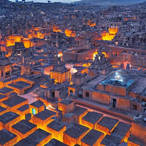 Image similar to ancient city of the aztecs, glowing torches, many buildings, at night, many people, epic wide angle, picture from 1000 years ago