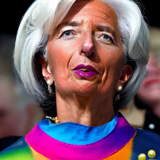 Prompt: Christine Lagarde with colorful clown makeup all over her face